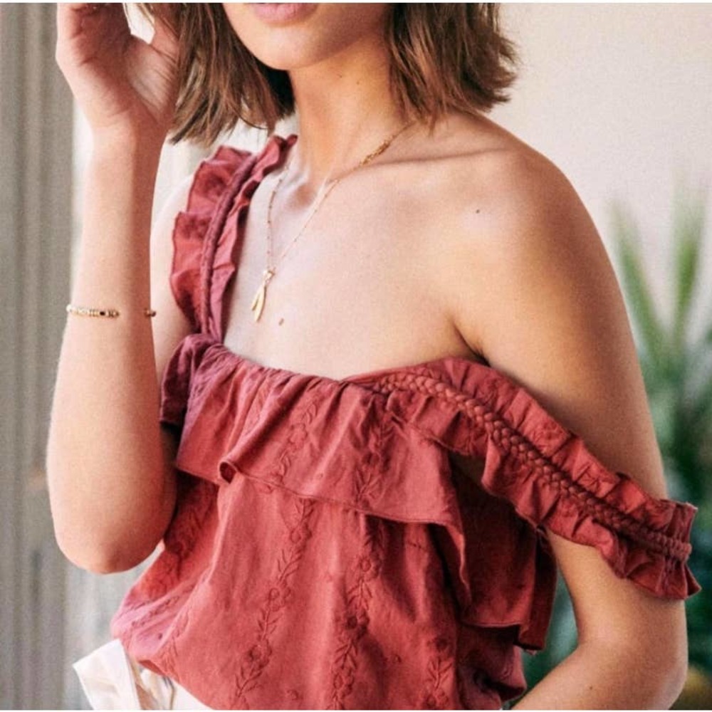 SEZANE Hermine Tank Top Ruffle Blouse Terre Brulee Size 40 US 8